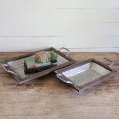 Wood Frame Metal Tray Set of 2