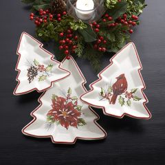 Cardinal Poinsettia Pine Cone Ceramic Platters Set of 3