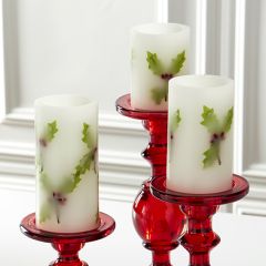 LED Pillar Candle With Holly Set of 3