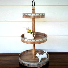Metal and Wood 3 Tier Round Tray Stand