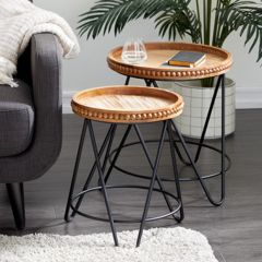 Wood Top Round Metal Accent Table Set of 2