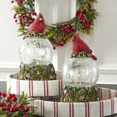 Cardinal With Holly LED Crackled Glass Globe Set of 2