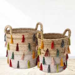 Round Baskets With Colorful Tassels Set of 2