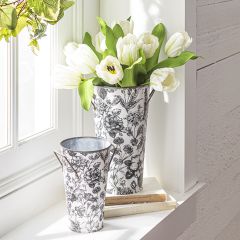 Floral Pattern Metal Bucket Vase Set of 2