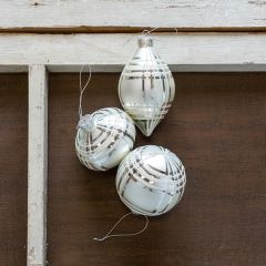Plaid Frosted Glass Ornament 4 Inch Set of 3