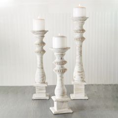 White Wash Wood Beaded Candle Holder Set of 3