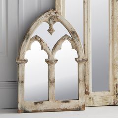 Distressed White Wood Arched Window Mirror