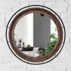 Wood and Iron Round Wall Mirror