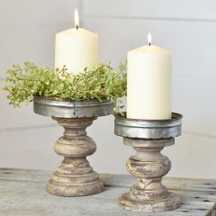 Wood and Tin Base Candle Holders Set of 2