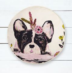 Embroidered Floral Frenchie Round Pillow Cushion