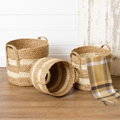 Woven Stripe Straw Basket Set of 3