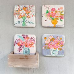 Floral Coasters In Wood Box Set of 4