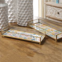 Floral Bottom Glass Tray Set of 2