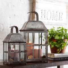 Metal and Glass Rustic Candle Lanterns Set of 2