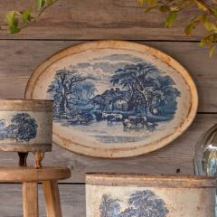 Aged Blue Pastoral Scene Serving Tray