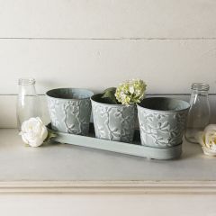 Patterned Metal Bucket Trio With Tray