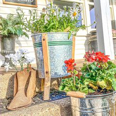 Galvanized Striped Planter On Wood Stand