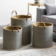 Palm Leaf Baskets With Leather Handles Set of 3