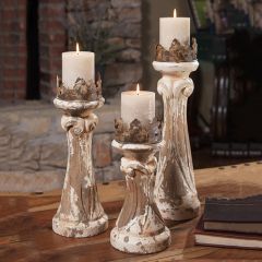 Regal Hand Carved Crown Candle Holders Set of 3