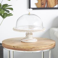 Beaded Wood Cake Stand with Glass Cloche