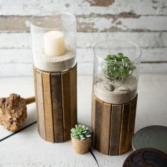 Glass Hurricane Vase On Wood Pedestal Base Set of 2