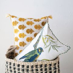Bird on Branch Embroidered Lumbar Pillow