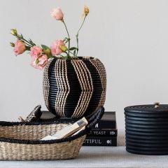 Black and Tan Rattan Basket With Lid