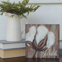Blessed Cotton Boll Block Sign Accent Decor