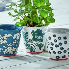 Blue Floral Stoneware Herb Pot Collection Set of 3