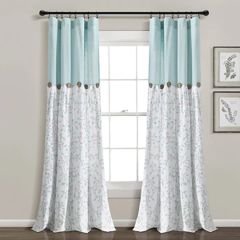 Blue/Gray Floral Print Curtain Panel With Buttons