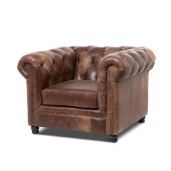 Button Tufted Natural Leather Arm Chair