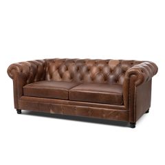 Button Tufted Natural Leather Sofa