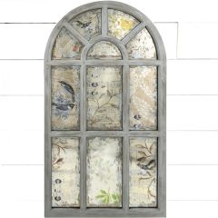 Antiqued Arched Windowpane Mirror With Bird Print Background