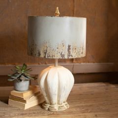 Carved Wood Base Lamp With Distressed Shade