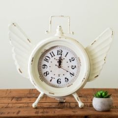 Distressed White Table Clock With Wings