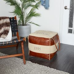 Chateau Leather and Canvas Pouf With Handles