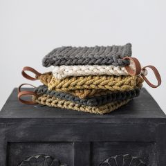 Crochet Pot Holder With Leather Loop Set of 3