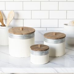 Wood Lidded Farmhouse Kitchen Canisters Set of 3