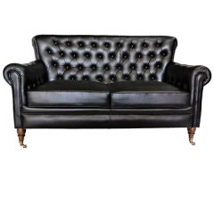 Dark Blue Tufted Leather Settee | SHIPS FREE