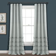 Denim Blue Stripe Ruffled Curtain Panel Set of 2