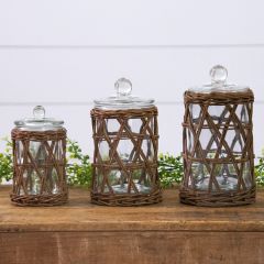Diamond Wicker Wrapped Glass Canister Set of 3
