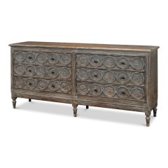 Distressed Circle Front 6 Drawer Pine Credenza