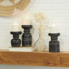 Distressed Dark Wood Candle Holders Set of 3
