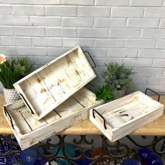 Distressed Wood Tray With Metal Handles Set of 3