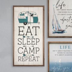 Eat Sleep Camp Repeat Blue Camper Arrows Whitewash Sign