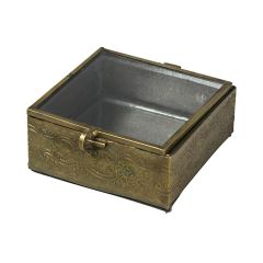 Embossed Brass Trinket Box With Glass Lid Square