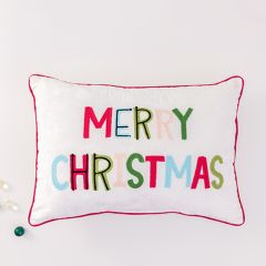 Embroidered Merry Christmas Pillow With Piping