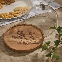 Etched Leaves Wood Plate With Glass Dome