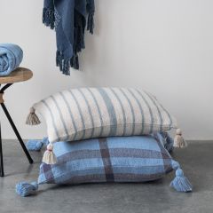 Farmhouse Blues Tasseled Plaid Accent Pillow