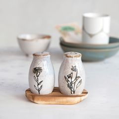 Floral Stoneware Salt and Pepper Shakers with Tray